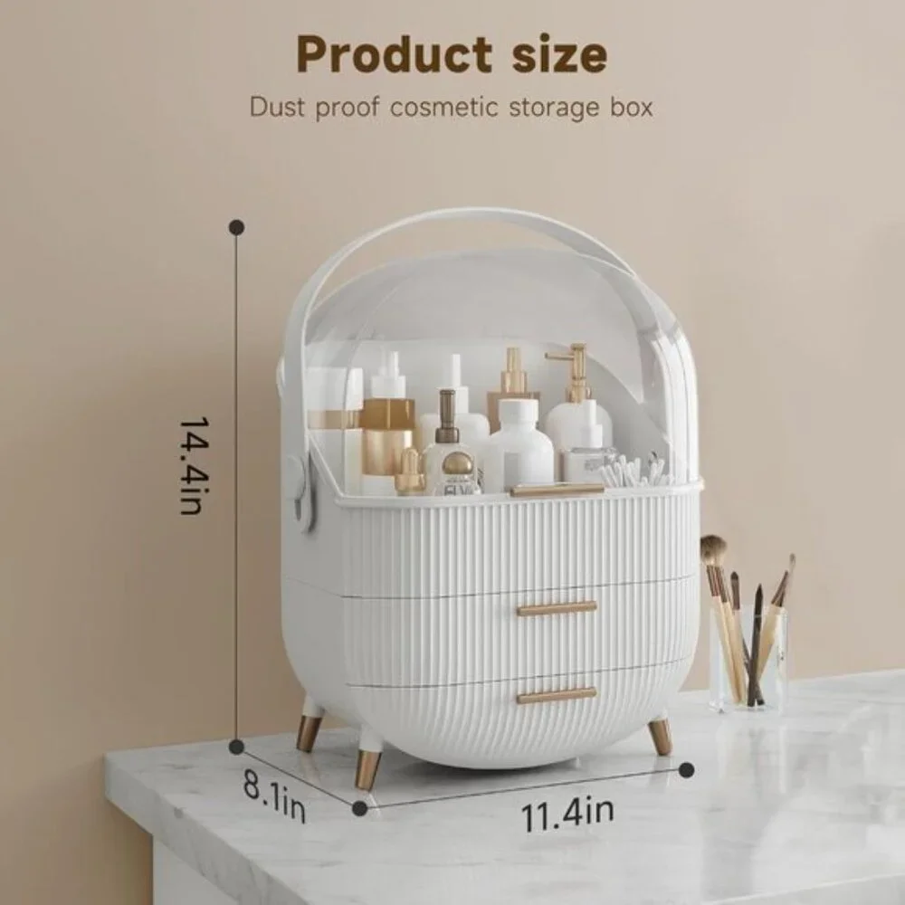 New Makeup Storage Organizer with Lid, Waterproof Vanity Box for Skincare, White